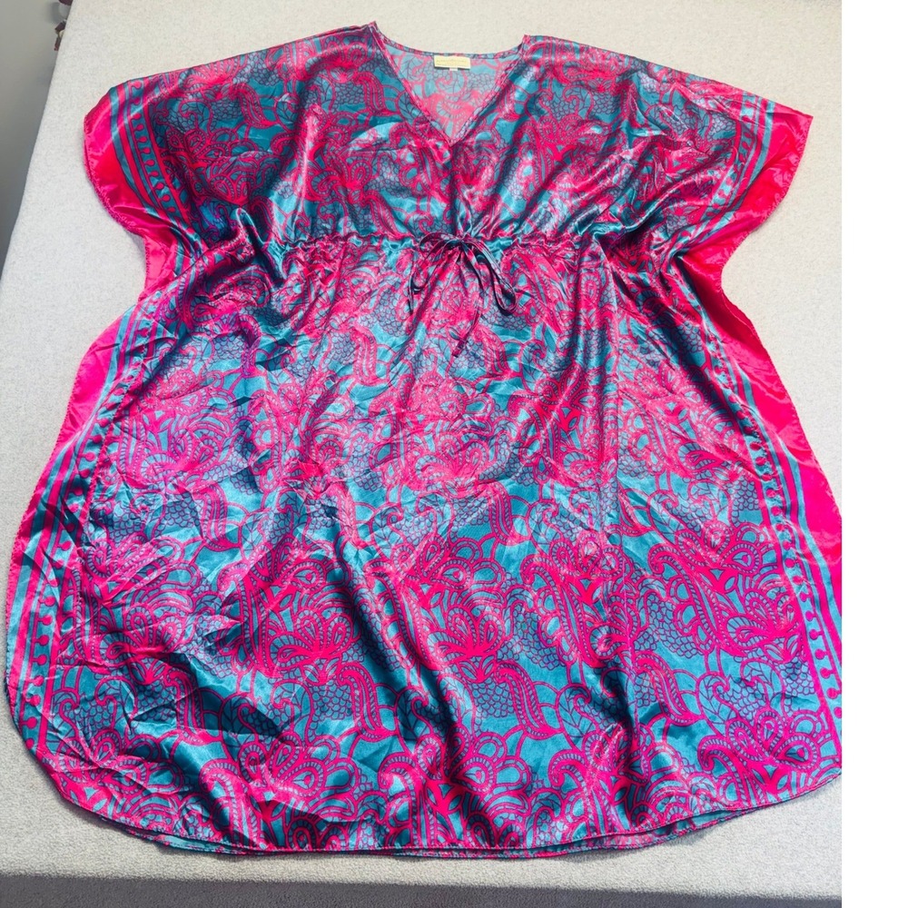 Bobbie Brooks Kaftan Lounger Womens OS Pink Teal Paisley Satin Drawstring Y2K